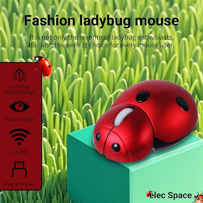 elec Space Wireless Mouse for Laptop & Kids, Cute Ladybug Shape Ergonomic Mouse with Case, Cordless for Laptop, PC, Mac & Notebook (Red)