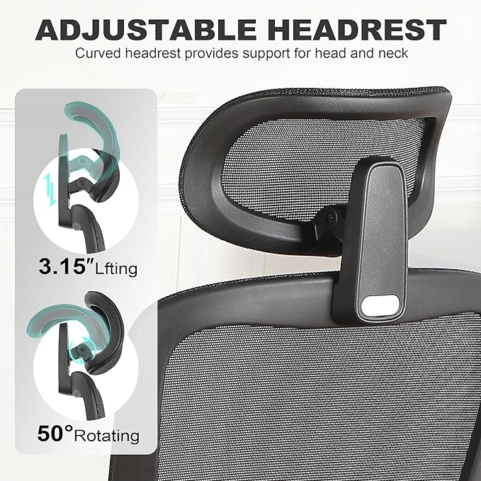 Ergonomic Office Chair with Footrest, Mesh Desk Chair with Adjustable Headrest & Armrests & Dynamic Floating Wing Lumbar Support, High Back Computer Chair for Home Office, BIFMA Certified, Black