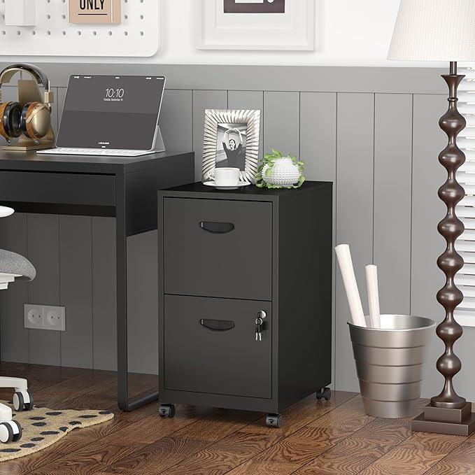 SteeLoong 2 Drawer File Cabinet with Lock，Black Rolling File Cabinet for Home Office, Metal Small Mobile Filing Cabinets on Wheels for Hanging Letter