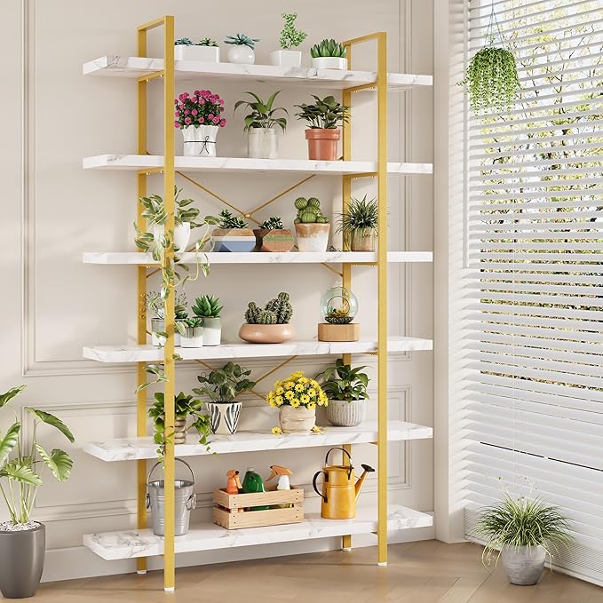 OtterOasis Heavy Duty 6-Tier Industrial Bookcase, 47" Wide Wood Bookshelf for Home Office, 120lbs Shelf Capacity, Open Shelving Display with Reinforced Horizontal Shelf for Living Room Bedroom, White