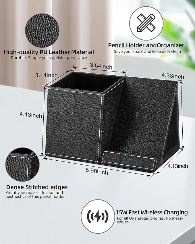 Pen Holder with Wireless Charger, PU Leather Pencil Holder for Desk, Multi-Functional Desktop Organizer, Desk Organizers and Accessories for Home School Office Supplies, Black
