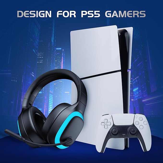 2.4Ghz Wireless Gaming Headset for PS5, PS4, PC, Mac, Bluetooth 5.4 Gaming Headphones with Noise Canceling Mic, 70H Battery, Surround Sound, Lay-Flat & Foldable - Black
