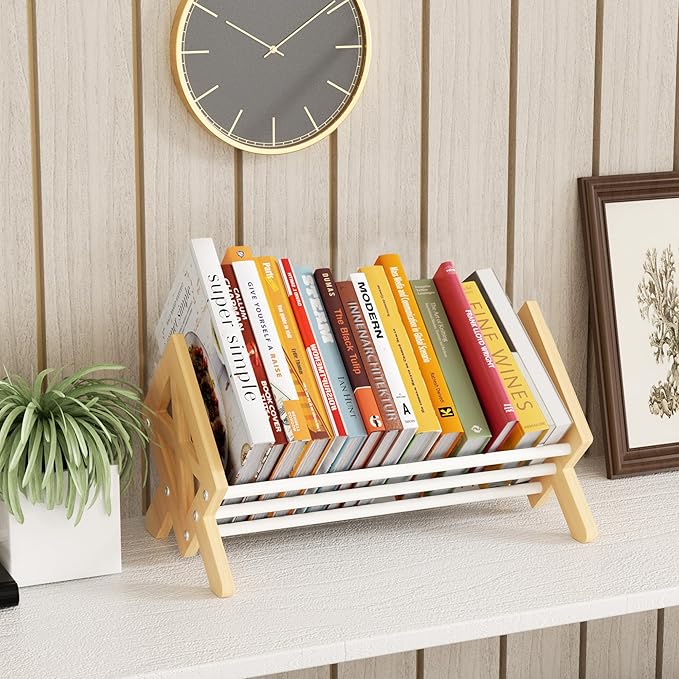 Desktop Bookshelf Organizer, Wood Office Tabletop Book Storage Rack, Tilting Bookcase for Books/CDs/Magazine Display (White)