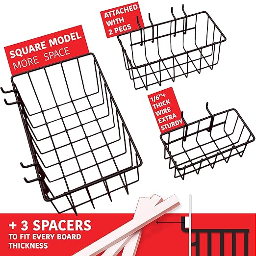 Extra Thick 60pcs Pegboard Accessories Organizer Kit | 1/4 Inch Peg Board Attachments | Peg Board Hook Set and Pegboard Basket Set for Tools - Heavy Duty - Does Not Fall Out Off The Board