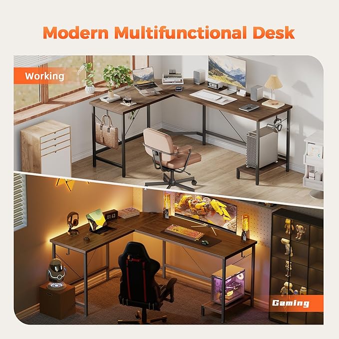 Mericonia 50 inch Large L Shaped Desk, Simple Corner Gaming Desk with CPU Stand & Hooks, Computer Desk for Home, Bedroom & Office Workspace, Walnut