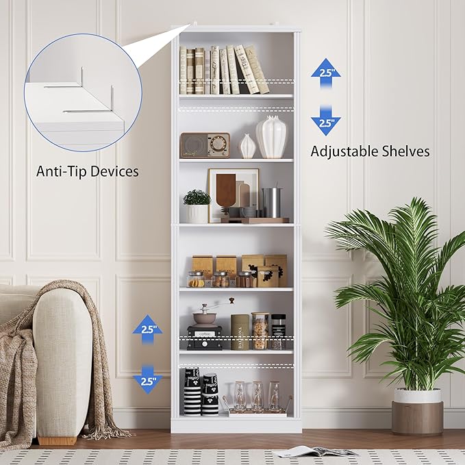 BORNOON 75" Tall Bookshelf, 6-Tier Floor Standing Bookcase with 2 Adjustable Shelves, 24" Wide Open Storage Shelf, Modern Display Organizer for Home Office, Living Room, Bedroom, Study