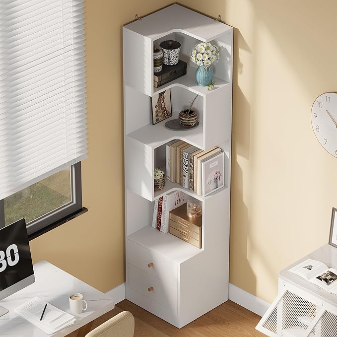 IRONCK Corner Bookshelf, 70.87" Tall Corner Bookcase with Drawers, Corner Shelf Storage Display Rack for Living Room Home Office, White