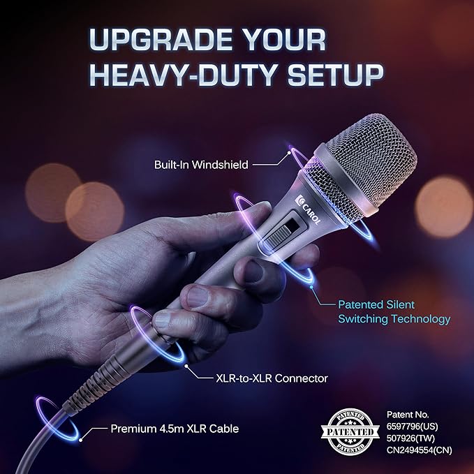 CAROL AC-900S XLR Wired Vocal Microphone – Dynamic Supercardioid Mic with AHNC Dual-Engine Noise Cancelling Tech for Singing, Karaoke, Stage & Studio, Includes Mic Clip, 14.8ft Cable & Switch - Gray