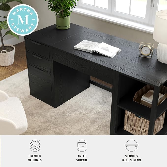 Martha Stewart Kayden Home Office Modular Desk with Drawer, 2 Tier Shelf, and File Cabinet in Black with Oil Rubbed Bronze Hardware