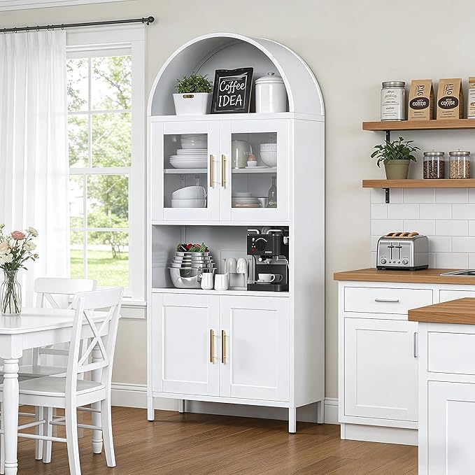 VEXPOR 73" Tall Arched Kitchen Pantry Cabinet with Doors, Metal Arched Hutch Cabinet for Kitchen, Dining Room, Living Room, Assembly Required, White