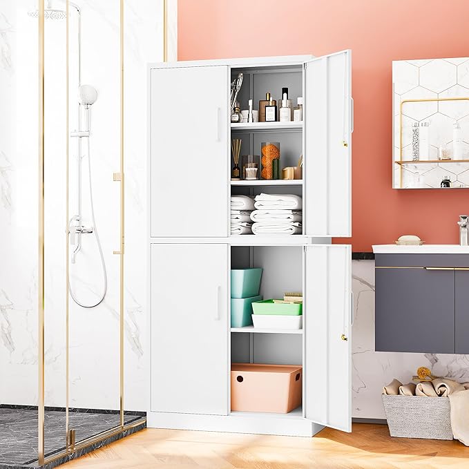 Fesbos 71” Metal Storage Lockable Heavy Duty File Cabinet Garage Tool Cabinets with Doors and Shelves-Tall White Steel Cabinet for Garage for Office, Gym, School