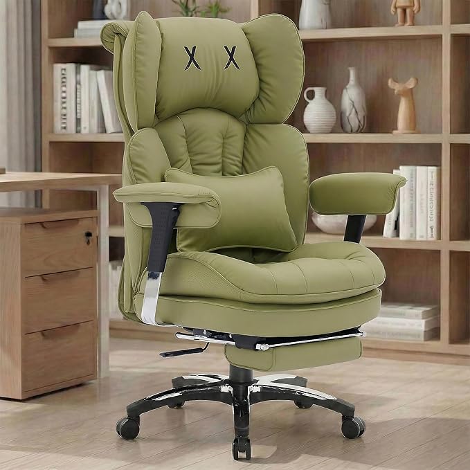 Efomao Desk Office Chair, X-Embroidery Big and Tall PU Leather Home Chair, Adjustable High Back Computer Gaming Chair, 200kg Swivel Executive Office Chair with Footrest and Lumbar Support, OLIVE GREEN
