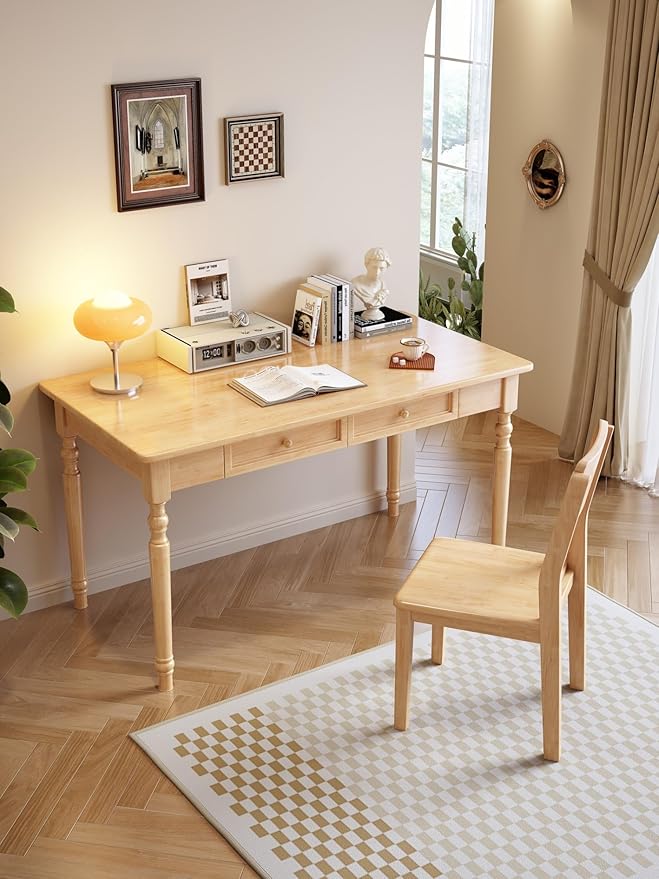 39.4in Country Desk and Chair Set, Home Office Computer Desk with Ergonomic Office Chair, Wooden Writing Desk Study Table, for Bedroom, Office or Student Workstation(Nature,39.4'' x 23.6'' x 29.5'')