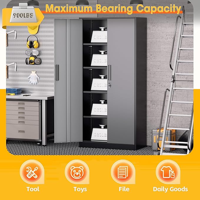 Greenvelly Metal Storage Cabinet,72 Inch Lockable Storage Cabinet with Doors and 4 Adjustable Shelves,Garage Storage Cabinet for Home,School,Gym(Black Grey)