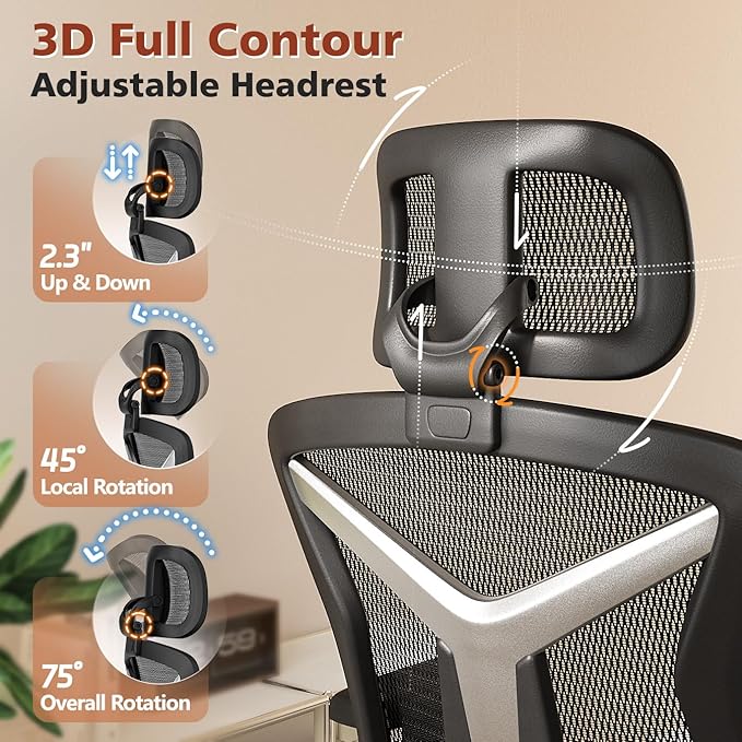 Ergonomic Office Chair with Footrest, Desk Chair Comfy with 3D Adjustable Lumbar Support & Arm & Headrest, 4 Gear 90°-135° Tilt, Wide Air Mesh Seat, Heavy Duty Class-4 Gas Lift, Computer Gaming Chair