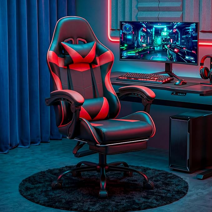 Gaming Chair, Ergonomic Computer Chair with 90°-150° Reclining Backrest & Footrest, Headrest & Lumbar Support, 360° Swivel Height Adjustable Desk Chair, High Back for Adults