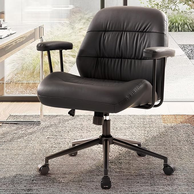 IWMH Home Office Chair, PU Leather Office Chair with Removable Armrests, Mid-Century Modern Desk Chair with Lumbar Support，Ergonomic Executive Task Chairs, Height Adjustable(Black)