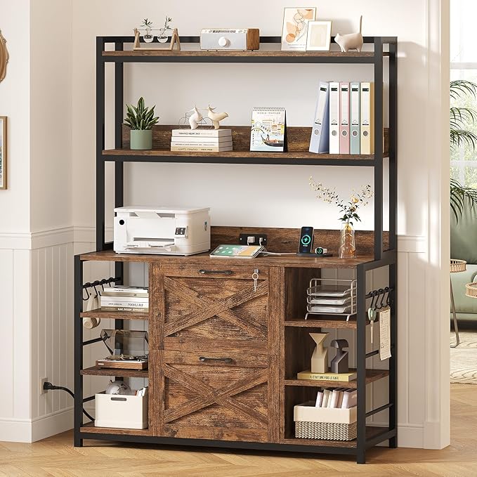 SEDETA File Cabinet, Filing Cabinet fits Legal/Letter/A4 Size, 2 Drawer Filing Cabinets for Home Office with Lock, Power Strip and Open Storage Shelves, Rustic Brown