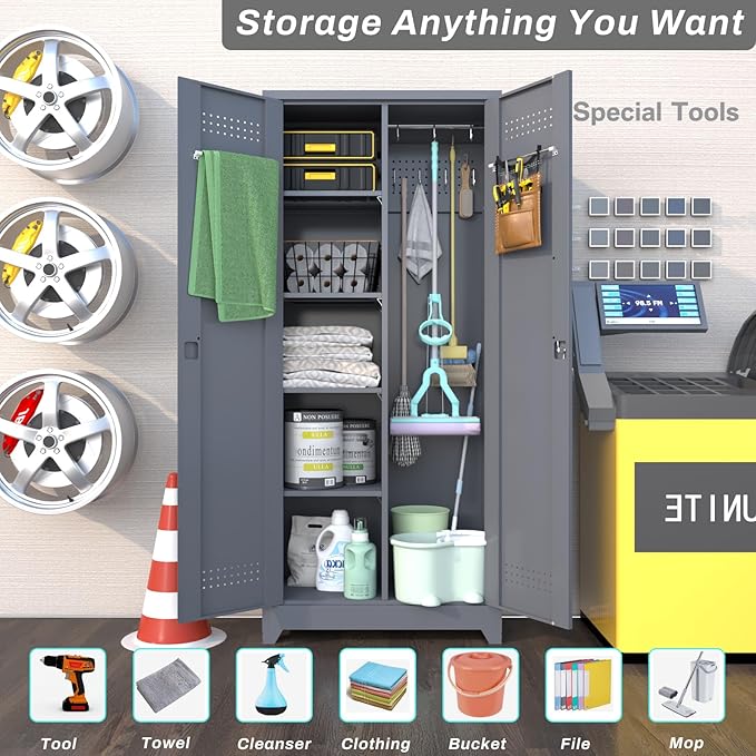 IRONFFICE Metal Utility Cabinet,Broom Closet Storage Cabinet with Hanging Rod,72" H Tall Storage Cabinets with 2 Doors and 4 Adjustable Shelves,Locking Storage Locker for Garage,Laundry Room,Grey