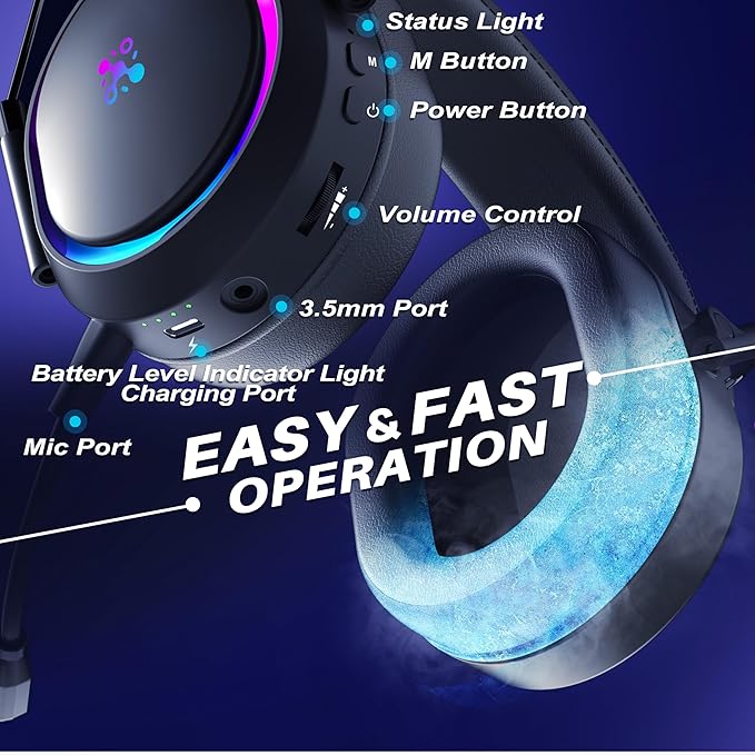 Wireless Gaming Headset for PS5 PS4, Bluetooth 2.4GHz Headphones with Noise Cancelling Mic, 23ms Low Latency Audio, 50+ Hrs & Surround Sound Memory Foam for Switch, Laptop, Mobile, Mac (rgb black)
