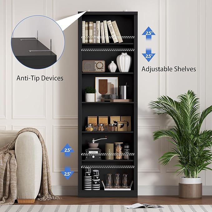 BORNOON 75" Tall Bookshelf, 6-Tier Floor Standing Bookcase with 2 Adjustable Shelves, 24" Wide Open Storage Shelf, Modern Display Organizer for Home Office, Living Room, Bedroom, Study