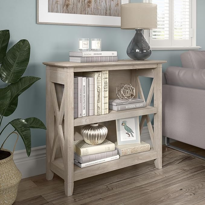 Bush Furniture Key West Small 2 Shelf Bookcase in Washed Gray, Compact Home Organizer, Vertical Storage Solution, Bookshelf for Office or Living Room