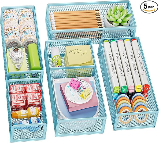 Marbrasse 5 Pack Desk Drawer Organizer Set, Mesh Drawer Storage Trays with 1 Adjustable Divider, Desk Organizers and Accessories, 5 PCS Drawer for Office Supplies, Makeup & Vanity (Blue)