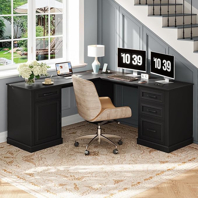 Vabches Farmhouse 59" L-Shaped Executive Desk with Drawers, Wood Home Office Corner Desk with Charging Station, File Drawer, Storage Cabinet, Rustic Computer Writing Desk for Home Office(Black