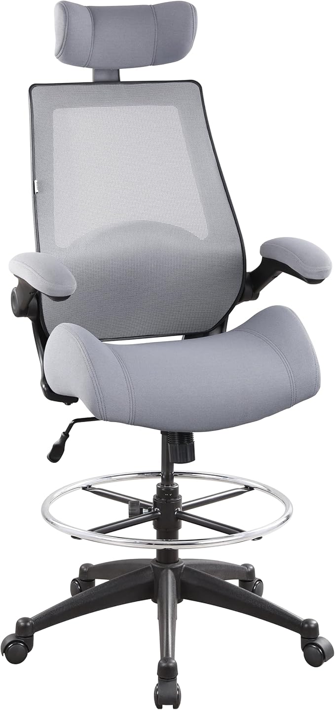 BOLISS 400lbs High Back Computer Office Drafting Chair Flip up Armrests Lumbar Support Adjustable Big Footrest Ring (Grey)