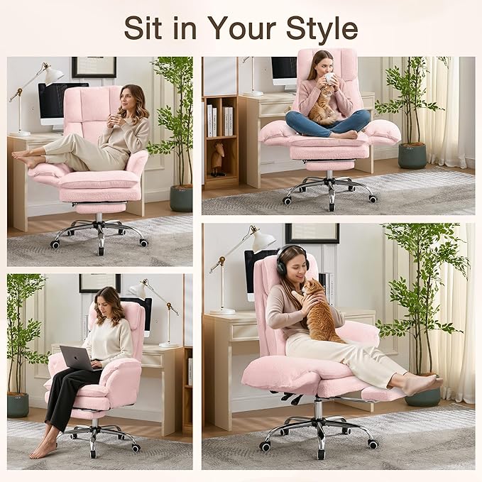 Ergonomic Cloud Cross Legged Office Chair with Footrest,Teddy Fleece Big and Tall Executive Chair with Wheels,Reversible Armrest,155° Reclining Computer Wide Desk Chair for Home,Office (Pink)