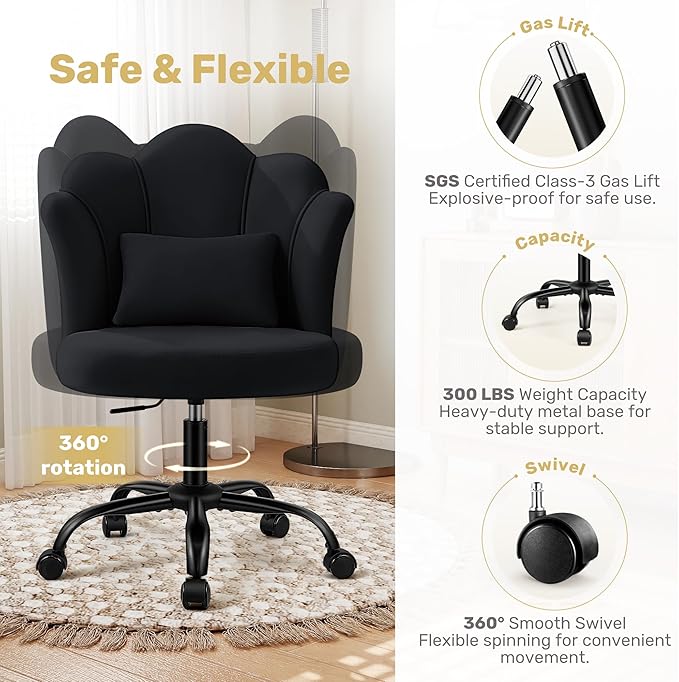 BestGlory Petal Vanity Chair with Wheels, 3.15" Extra Thick Comfy Makeup Chair, Adjustable Modern Swivel Armless Desk Chair for Girls Women, Aesthetic Small Office Chair for Bedroom Dorm