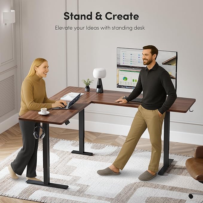 CubiCubi L Shaped Standing Desk 63 x 55 Inch Adjustable Height, Electric Corner Desk, Sit Stand Home Office Desk with Splice Board, Black Walnut