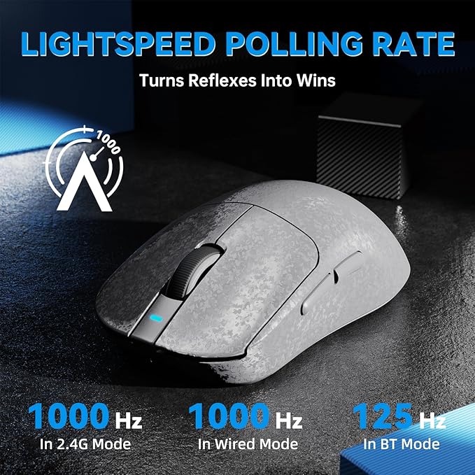 A.JAZZ Ajazz AJ199 Wireless Gaming Mouse Ultra-Lightweight 55g Tri-Mode Connection 24000 DPI PAW3311 Sensor Carbon Fiber Shell 500mAh Battery 1K Polling Rate Durable & Anti-Slip Design White