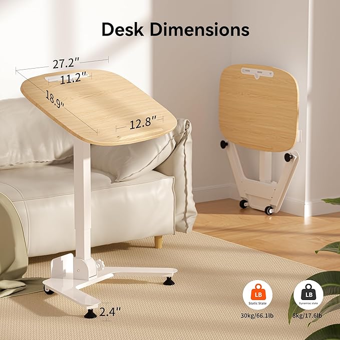 WALKINGDESK Folding Pneumatic Height Adjustable Mobile Standing Desk with 90° Tiltable Tabletop, 27.2x18.9 Inch Portable Laptop Desk with Wheels, Holds Up to 66.1lbs for Home Office, Study, Oak