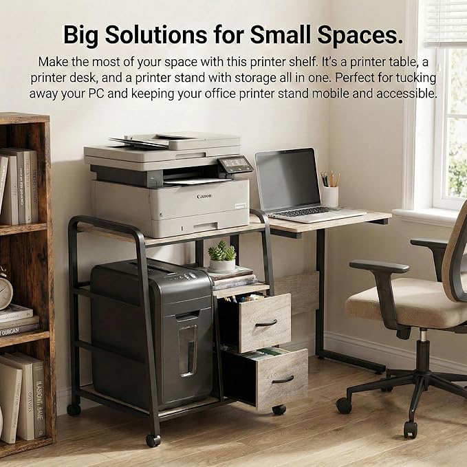 Printer Stand Featuring Fabric Drawers, Under Desk Host Computer Cabinet and Shredder Shelf, Heavy Duty Printer Stand with Storage Workstation Organization Printer Table for Home Office