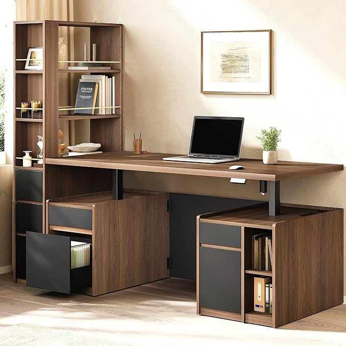 ModernMate Furniture Set, 70.8'' Executive Standing Desk with 71'' Tall Bookcase, AC/USB, File Cabinet, Double-Sided Narrow Display Shelves, Home Office Wood Storage Furniture, Black Walnut