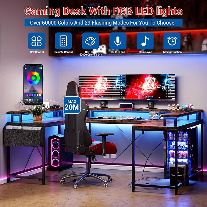 Jojoka U-Shaped Computer Desk with Power Outlets & RGB LED Lights - Reversible l-Shaped Office Desk, Full Monitor Stand, Modern Home Office Workstation, 600lbs Capacity 79",Game Desk, Multiple Colors