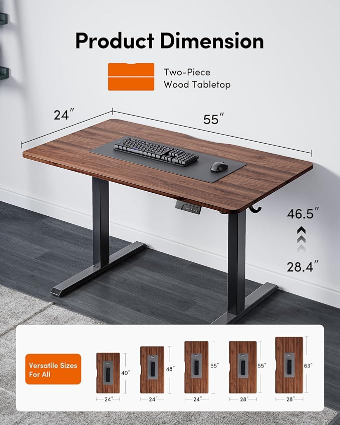 Cubiker Standing Desk, 55x24 Inches Sit Stand Home Office Desk, Electric Stand up Desk, Adjustable Desk with Splice Board, Black Frame/Black Walnut Top