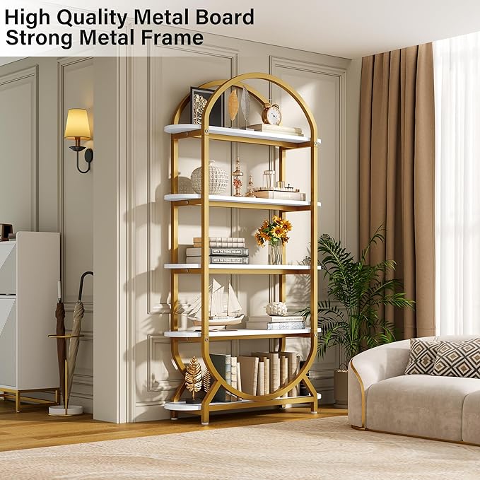 Jehiatek Arched Bookshelf Bookcase, 71 Inches Tall Industrial Book Shelf with Sturdy Metal Frame, E1 Quality Boards, Freestanding Display Shelving Unit, Gold