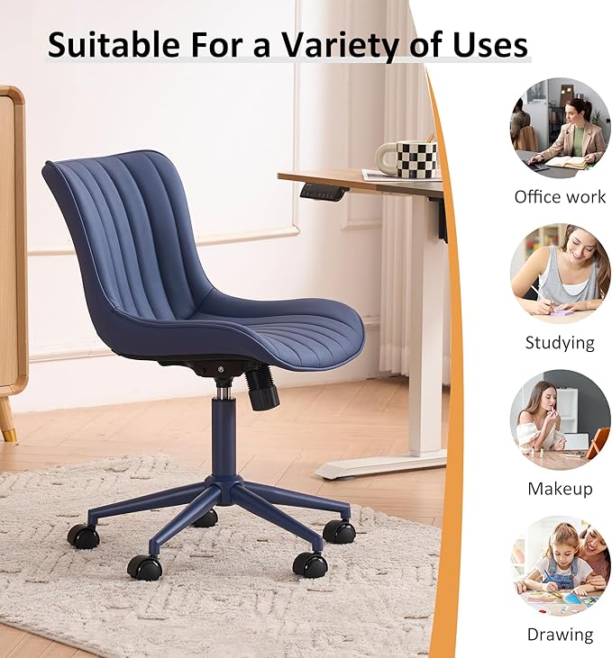 YOUNIKE Home Office Desk Chair with Wheels Armless Vanity Chair with Back Comfy Modern Leather Upholstered Rolling Task Chair Swivel Small Cute Sewing Chair No Arms Wide Adjustable Ergonomic Navy Blue