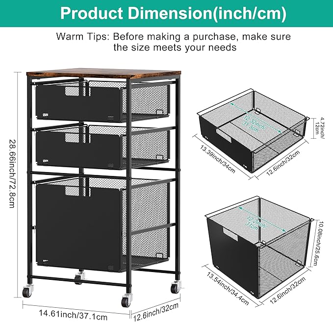 3-Drawer Storage Organizer, Under Desk Rolling File Cart with Lockable Wheels, Hanging File Folder Organizer for Letter Size, Utility Craft Cart Filing Cabinet for Home Office,Black