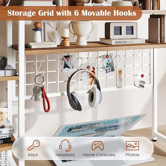 Giantex Desktop Bookshelf, 37" Desk Shelf for Up to 32" Computer Monitor, 4 Tier Desktop Display Shelves w/Grid Panel, 6 Movable Hooks, Anti-tip Device, Desk Hutch for Home Office Dorm (Natural)