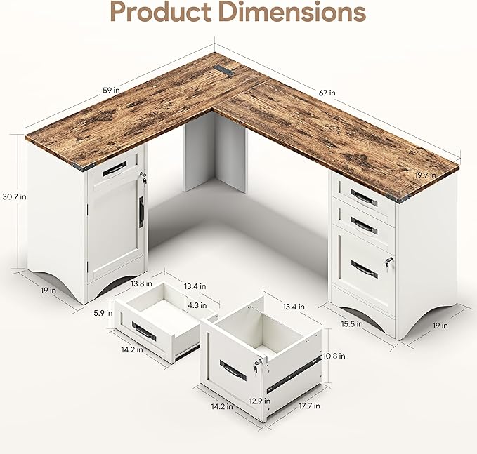 Decofy 67" Farmhouse L Shaped Standing Desk with Drawers Home Office Executive Desks with Fast Charging Station, Lockable File Cabinet, Wood Writing Computer Desk for Work, Study, White