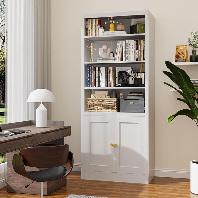 55" Tall Metal Bookcase,Heavy Duty Bookcases with Doors,Sturdy Modern Book Shelf with Cabinet,Industrial Display Book Case for Living Room,Office,Bedroom,White