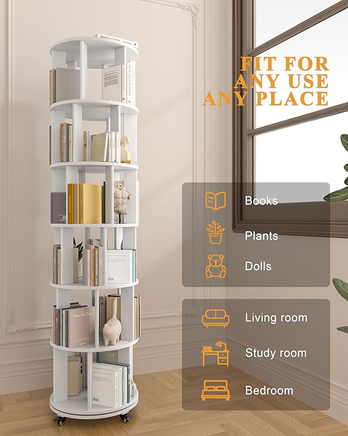 IUNVR Rotating Bookshelf, 6 Tier Solid Wood Bookshelf Tower with Lockable Wheels, 360° Spinning Revolving Bookcase for Small Spaces, Corners, Bedroom, Kids Room, Home Office, White