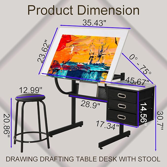 Drafting Table, Tilting Tabletop Artist Desk w/3 Storage Drawers & Stool, Craft Drawing Table for Painting, Sketching, Home Office, Art Studio, Classrooms (White+Black)
