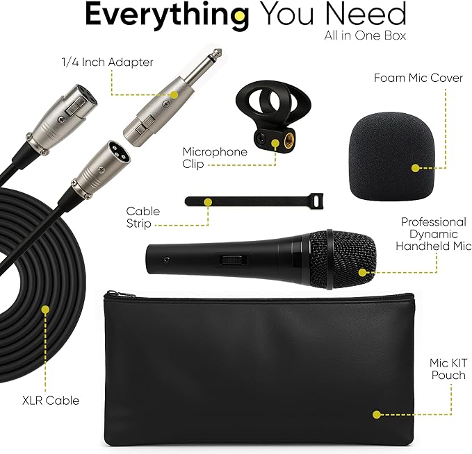 Bowens Dynamic Mic XLR – Wired Karaoke Microphone with 15ft Cable, Handheld Vocal Microphone for Singing, Dj, Podcasting, and PA Systems, Complete 7 Piece Microfono Kit
