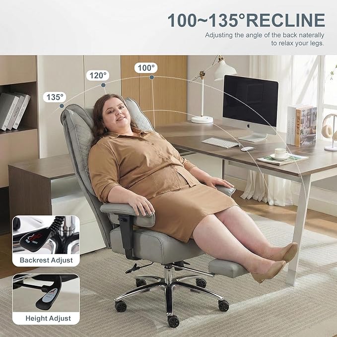 EXCEBET Big and Tall Office Chair 400lbs Wide Seat, Leather High Back Executive Office Chair with Foot Rest, Ergonomic Chairs Lumbar Support for Lower Back Pain Relief (Light Grey)