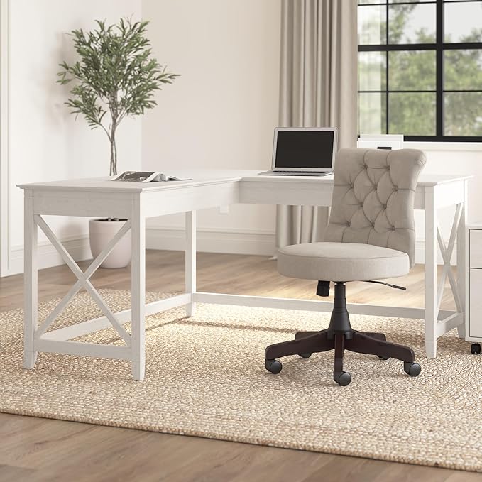 Bush Home Key West 60W Modern Farmhouse L Shaped Desk in Linen White Oak, 60-Inch Corner Computer Table for Home Office Workspace