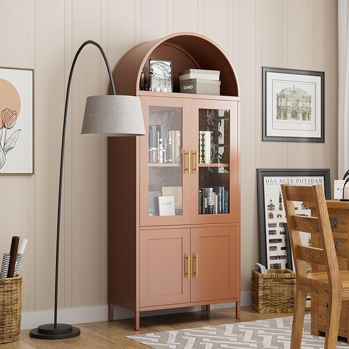 Metal Arched Bookcase Cabinet with 4 Doors,Arched Pantry Cabinet for Home Office Living Room,Required Assembly,Brown